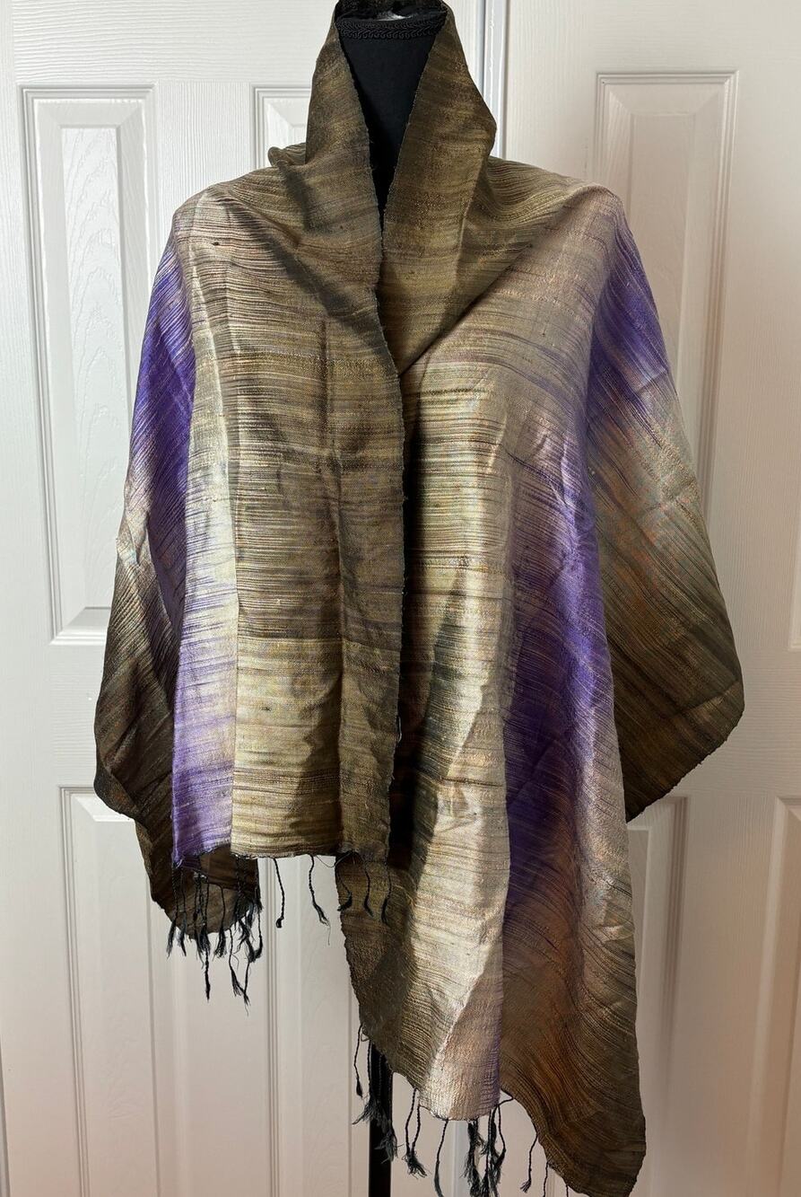 Jim Thompson Silk Scarf Wrap Olive Brown Purple Fringe 23.5" x 67" Thailand